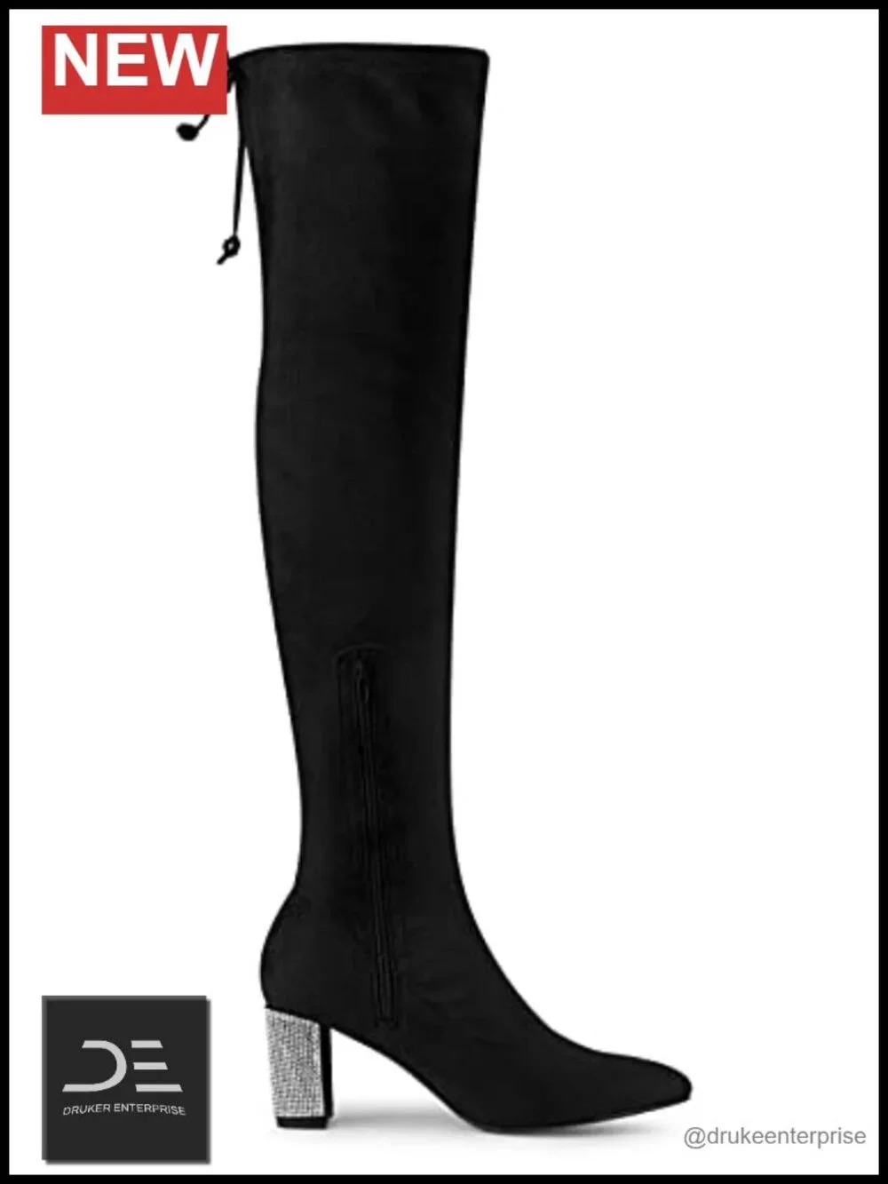 Faux Suede Rhinestone Over the Knee Chunky Heel Boots Pointed Toe Lace Up